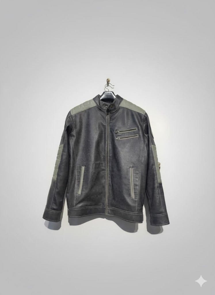 Distressed Black & Grey Racer Style Biker Jacket