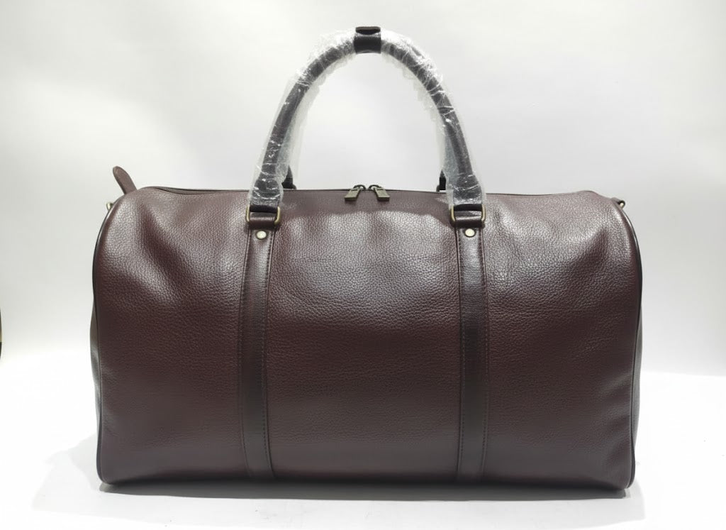 Premium Pebbled Leather Travel Duffel Bag - Mahogany