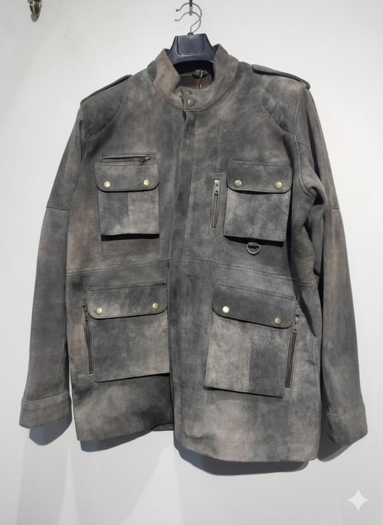 Multi-Pocket Distressed Grey Suede leather Jacket