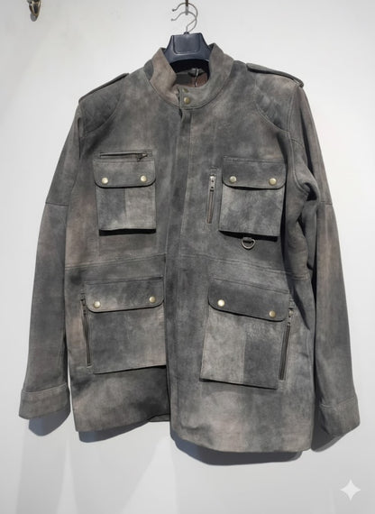 Multi-Pocket Distressed Grey Suede leather Jacket