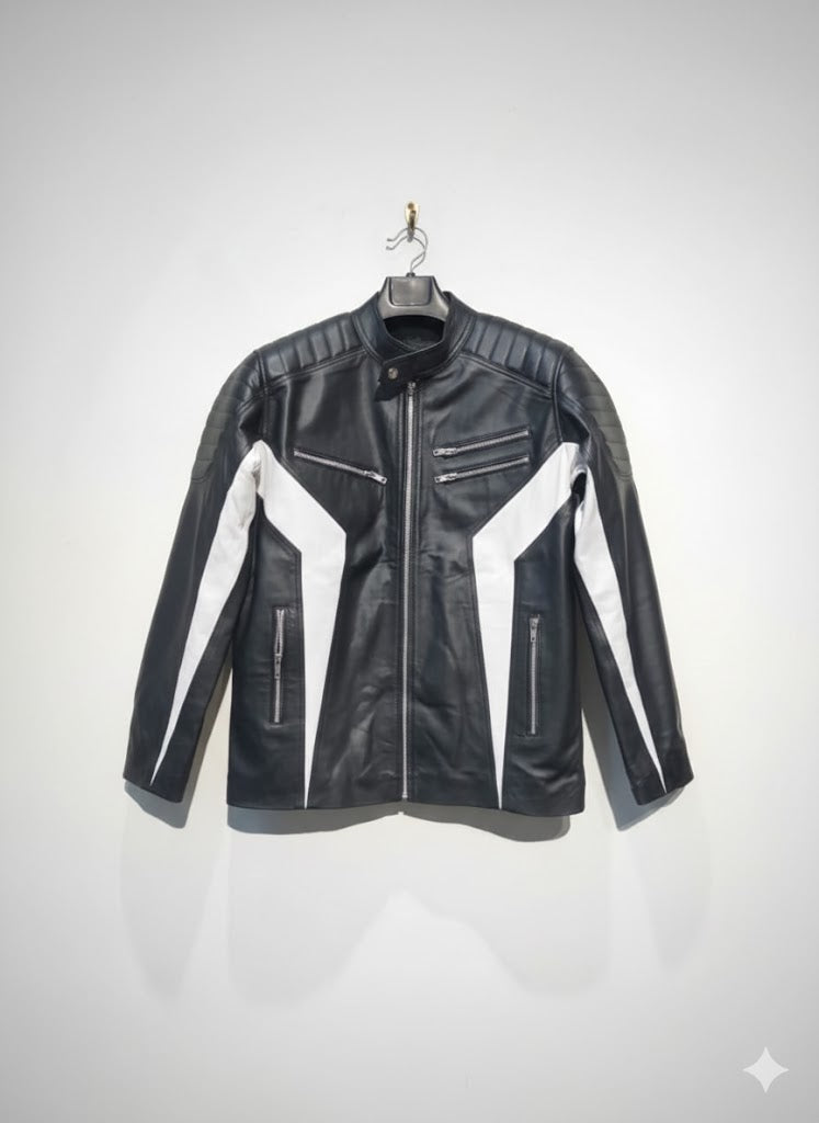 Black & White Color-Block Leather Racer Jacket