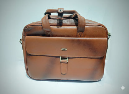 Genuine Leather Professional Briefcase with Flap Organizer - Brown