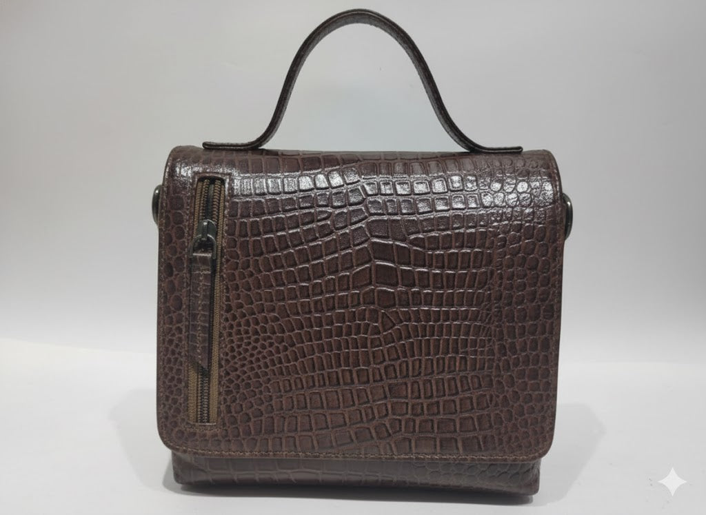 Genuine Leather Croc-Embossed Mini Handbag - Dark Brown