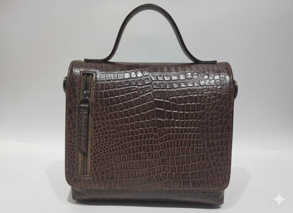 Genuine Leather Croc-Embossed Mini Handbag - Dark Brown
