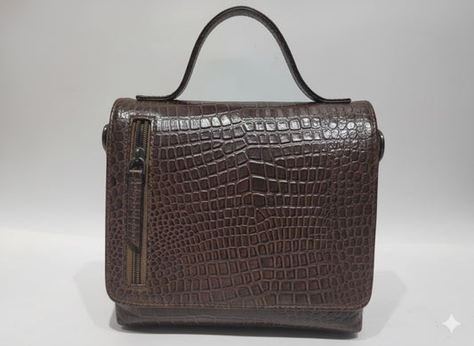 Genuine Leather Croc-Embossed Mini Handbag - Dark Brown