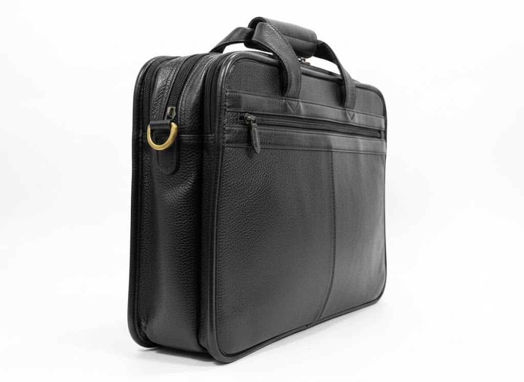 Genuine Leather Slim Laptop Briefcase Messenger - Black
