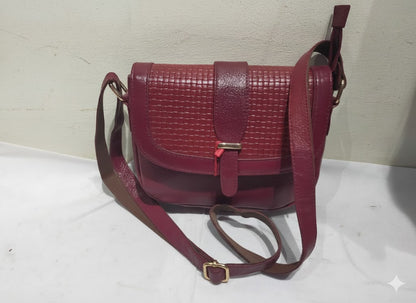 Genuine Leather Woven Flap Crossbody Bag - Burgundy