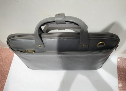 Genuine Pebbled Leather Slim Laptop Briefcase - Charcoal Gray
