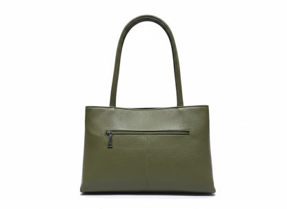 Genuine Pebble Leather Structured Shoulder Tote - Olive Green