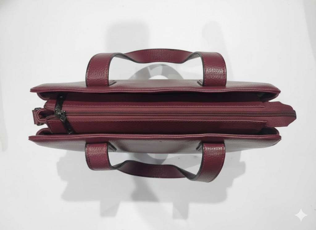 Genuine Leather Structured Quilted Handbag Tote - Burgundy