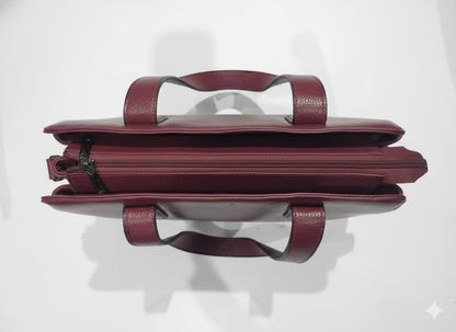 Genuine Leather Structured Quilted Handbag Tote - Burgundy