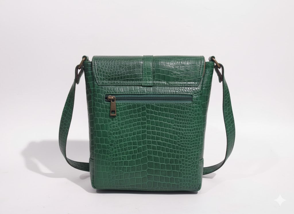 Genuine Leather Croc-Embossed Crossbody Messenger - Emerald Green