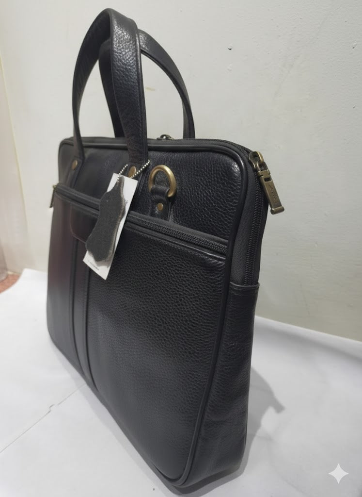 Genuine Leather Slim Laptop Briefcase Messenger - Black