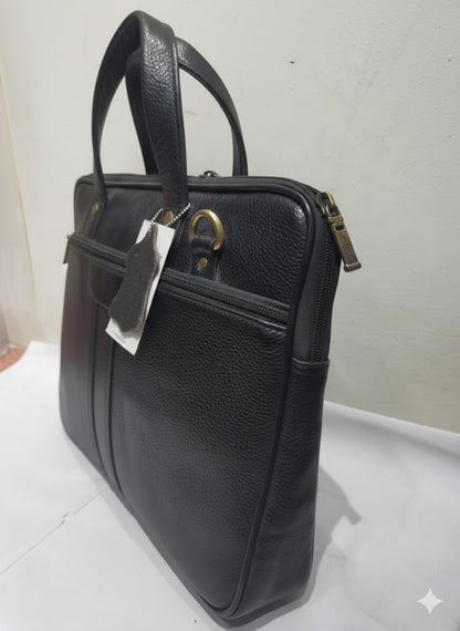 Genuine Leather Slim Laptop Briefcase Messenger - Black