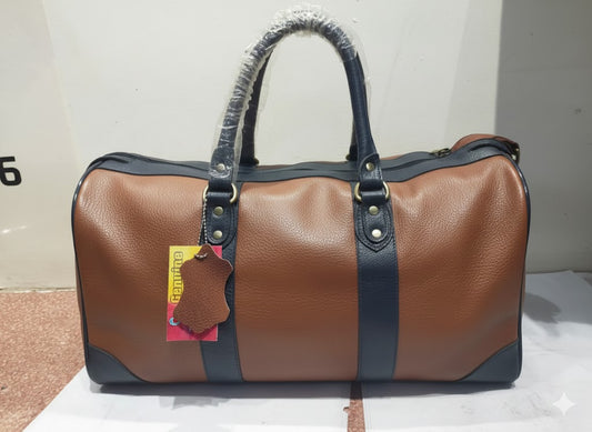 Genuine Leather Two-Tone Duffel Bag - Cognac/Navy