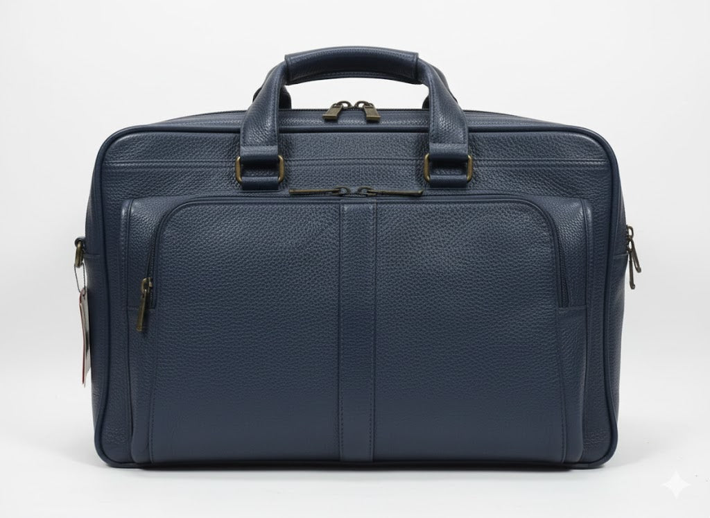 Premium Navy Blue Leather Multi-Compartment Briefcase / Business Bag