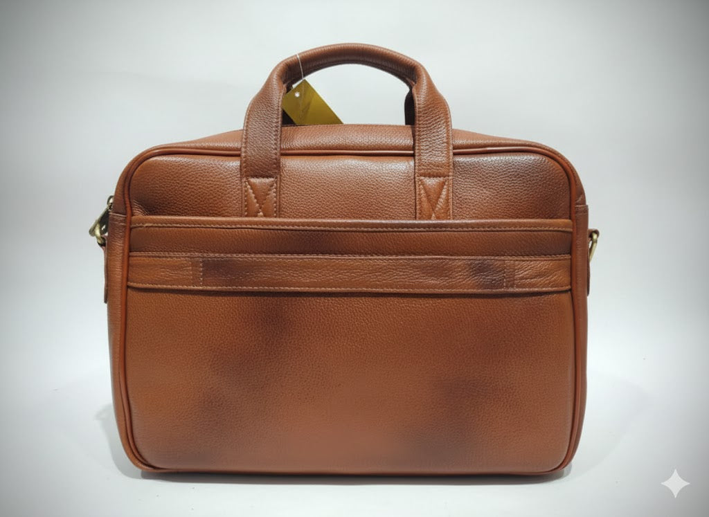 Genuine Leather Professional Briefcase with Flap Organizer - Brown