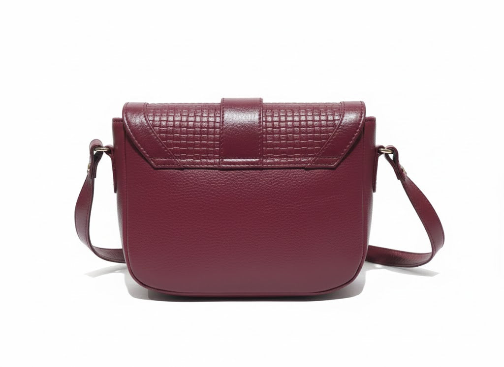 Genuine Leather Woven Flap Crossbody Bag - Burgundy