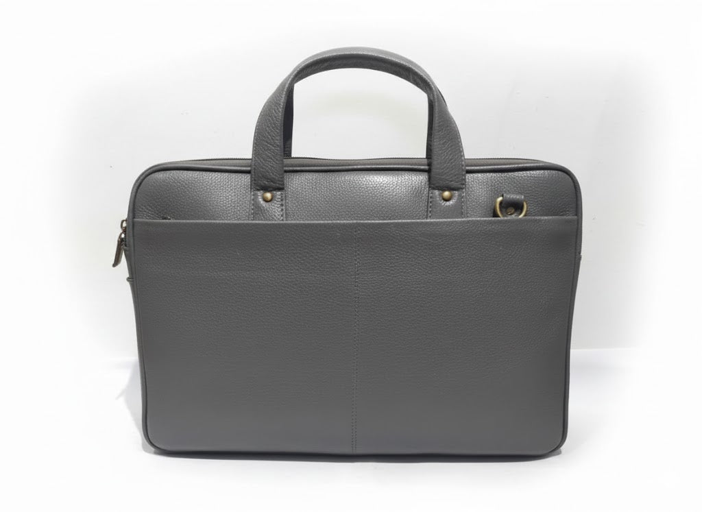 Genuine Pebbled Leather Slim Laptop Briefcase - Charcoal Gray