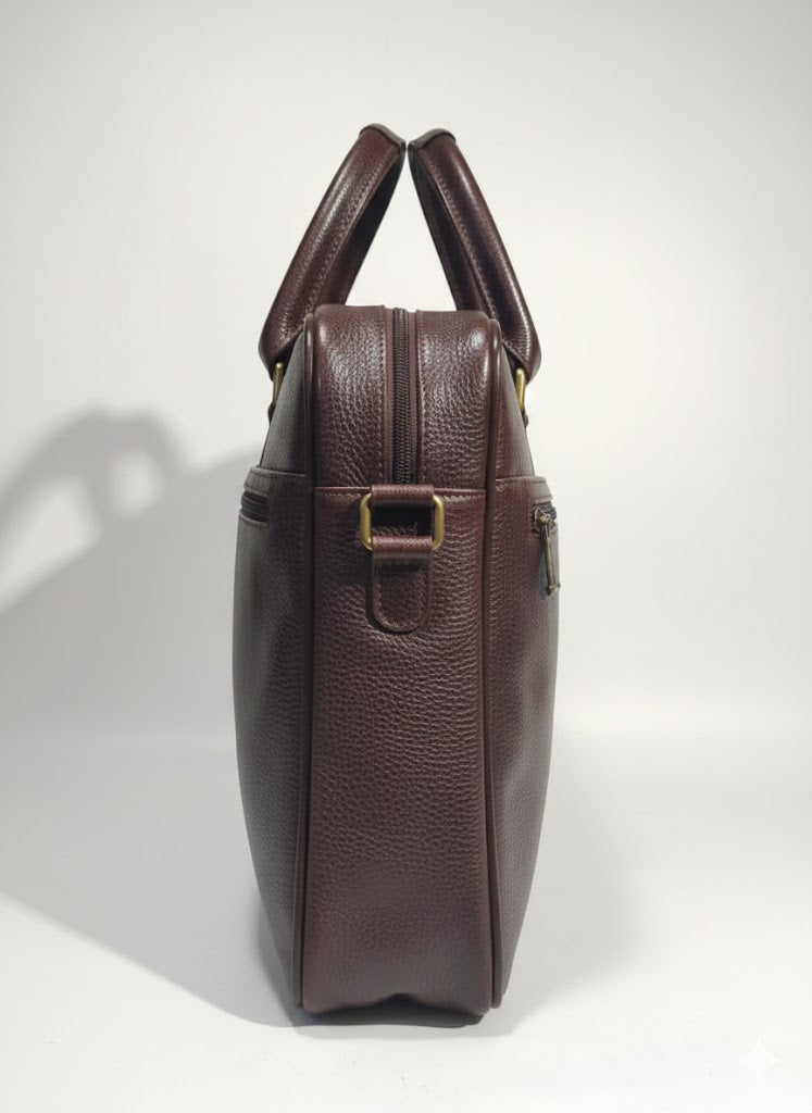 Genuine Leather Professional Briefcase with Flap Organizer - Dark Brown