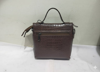 Genuine Leather Croc-Embossed Mini Handbag - Dark Brown