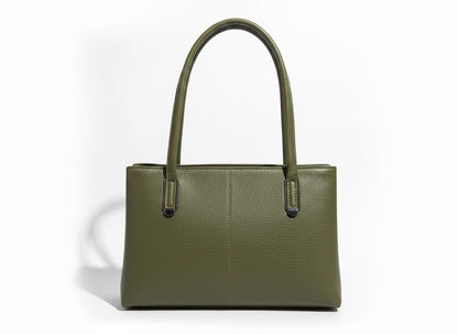 Genuine Pebble Leather Structured Shoulder Tote - Olive Green