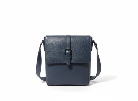 Genuine Pebbled Leather Crossbody Messenger Bag - Navy Blue