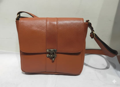 Genuine Leather Crossbody Satchel Bag with Vintage Clasp - Tan
